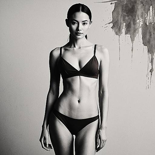 Black and White Portrait of Woman in Minimalistic Black Lingerie