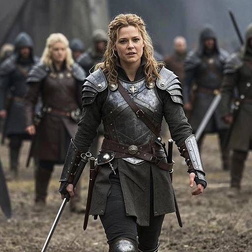 Medieval Woman Warrior Leading Armored Soldiers in Fantasy Battle Scene