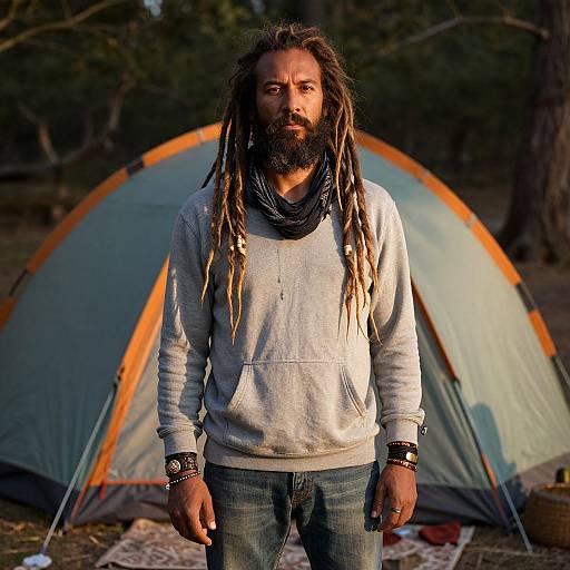 Man with Dreadlocks Standing Outdoors by Camping Tent