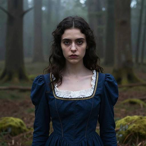Young Woman in Vintage Blue Dress Standing in Misty Forest