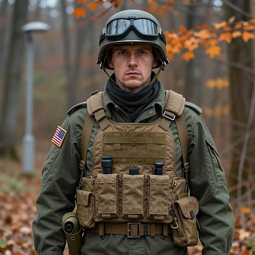 American Soldier in Tactical Gear Standing in Autumn Forest