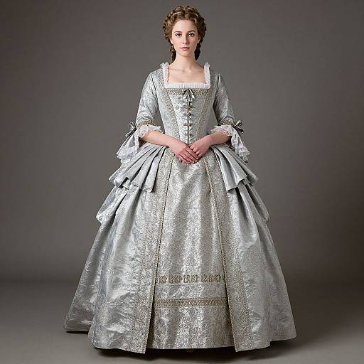 Woman in Silver Rococo-Style Historical Gown