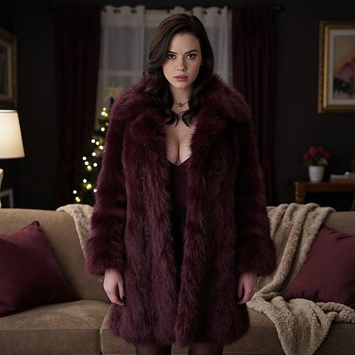 Woman in Stylish Burgundy Faux Fur Coat Indoors