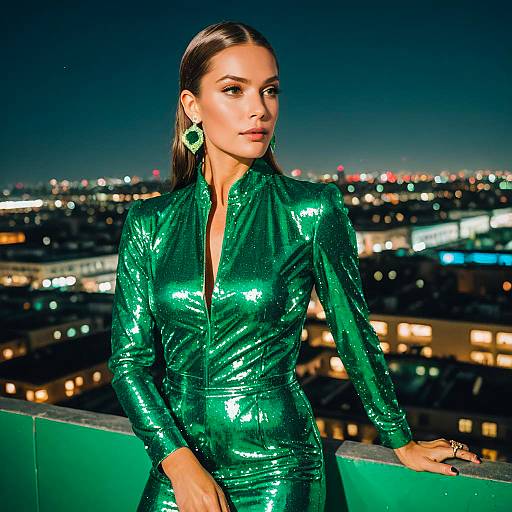 Woman in Shimmering Emerald Green Sequin Dress on Rooftop at Night
