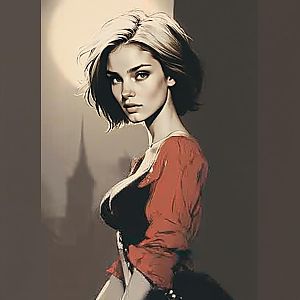 Digital Portrait of Woman in Red Blouse with Urban Background
