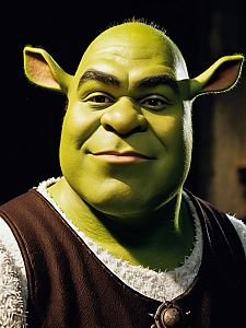 Realistic Portrait of Man in Shrek Costume with Cinematic Lighting