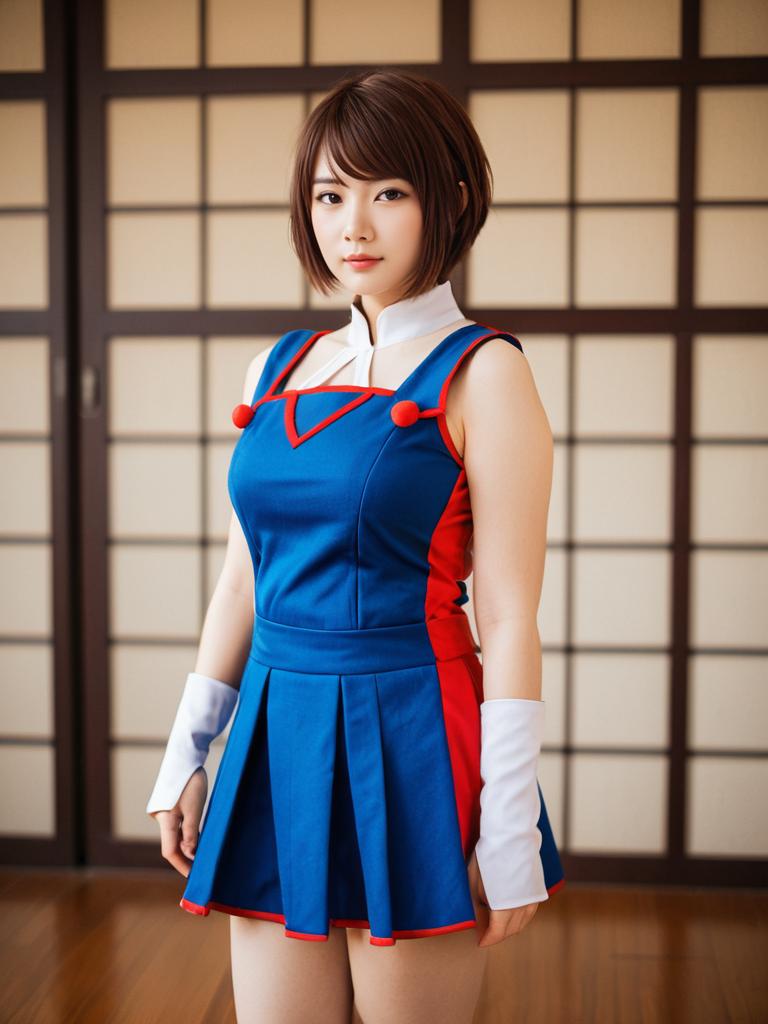 Haibara Ai Cosplay Woman in Blue and Red Outfit with Shoji Screen Background