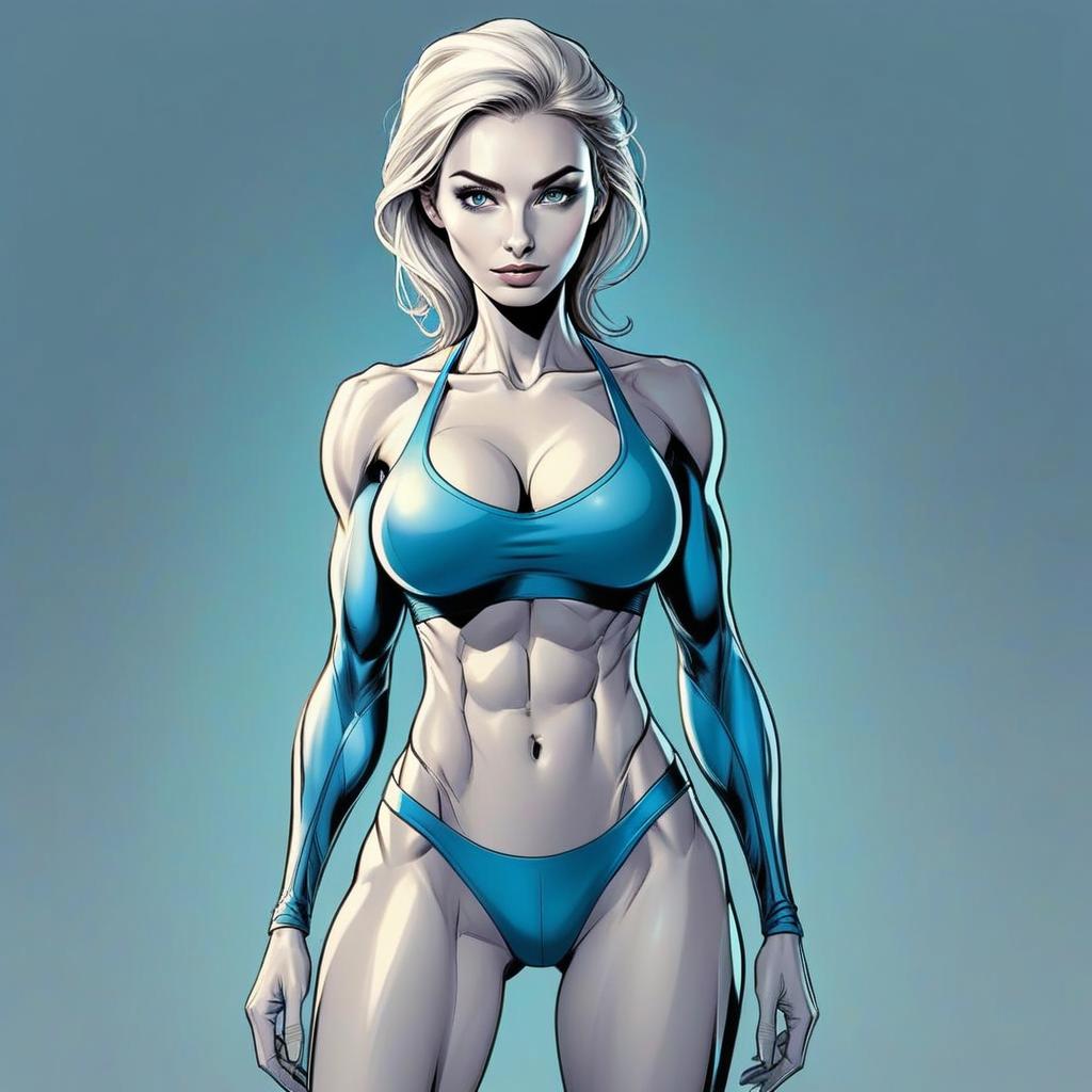 Stylized Athletic Woman in Blue Bikini