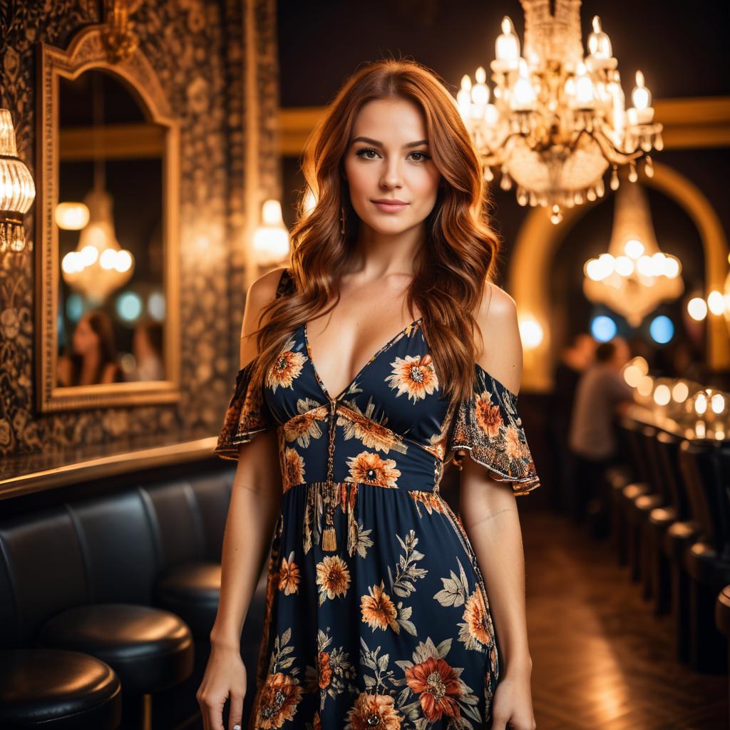 Elegant Woman in Floral Dress at Vintage Bar Interior