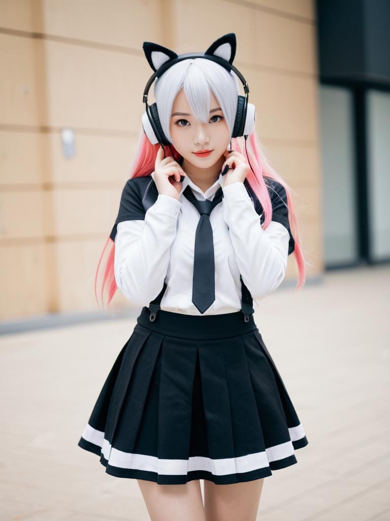 African Penguin Kemono Friends Cosplay Girl Wearing Cat-Ear Headphones