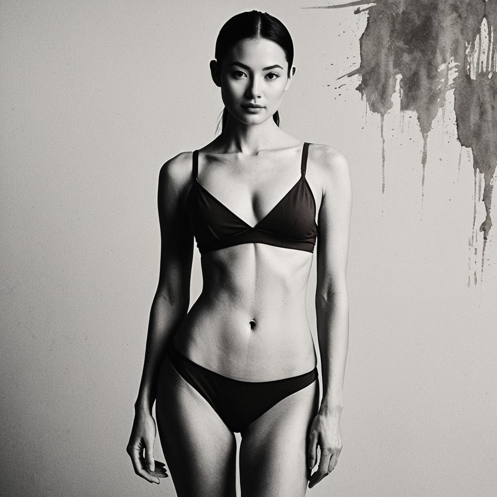 Black and White Portrait of Woman in Minimalistic Black Lingerie