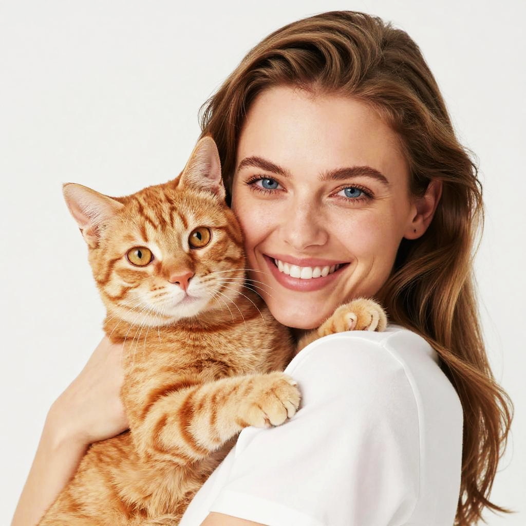 Young Woman Holding Orange Tabby Cat in Bright Studio Portrait