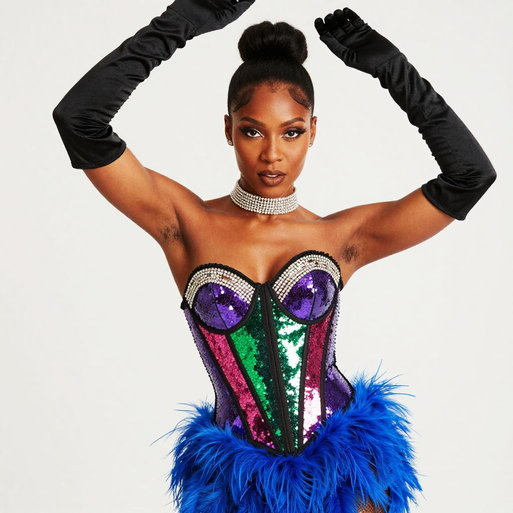 Glamorous Woman in Multicolored Sequin Corset and Blue Feathers