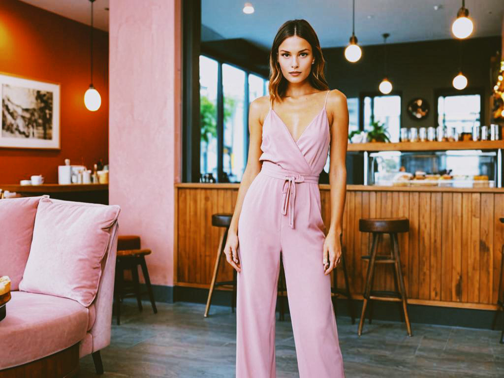 Woman in Blush Jumpsuit at Cafe