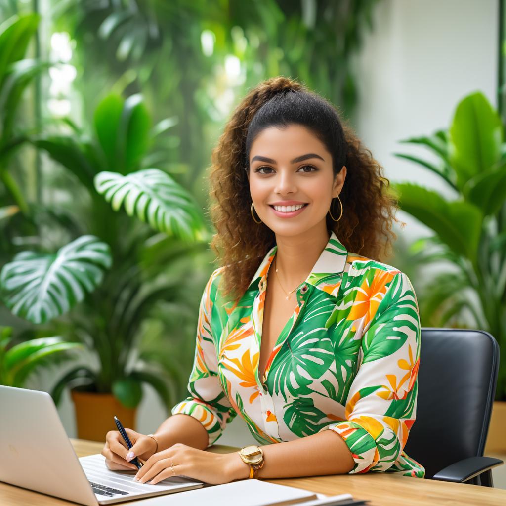 Cheerful woman in tropical shirt at vibrant office desk