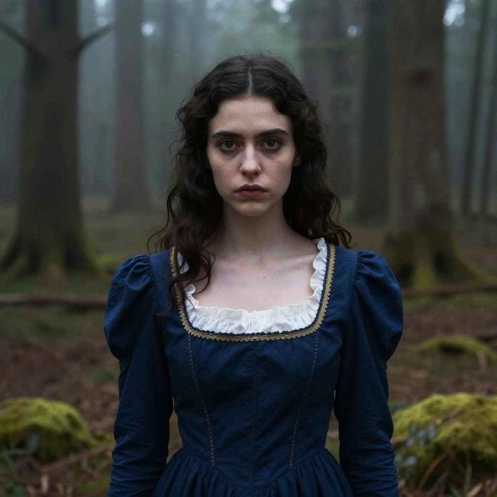 Young Woman in Vintage Blue Dress Standing in Misty Forest