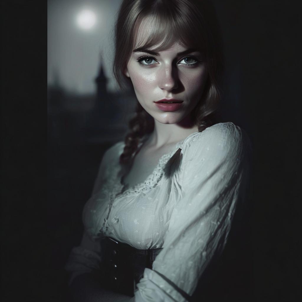 Vintage Portrait of Woman in White Blouse with Dramatic Lighting
