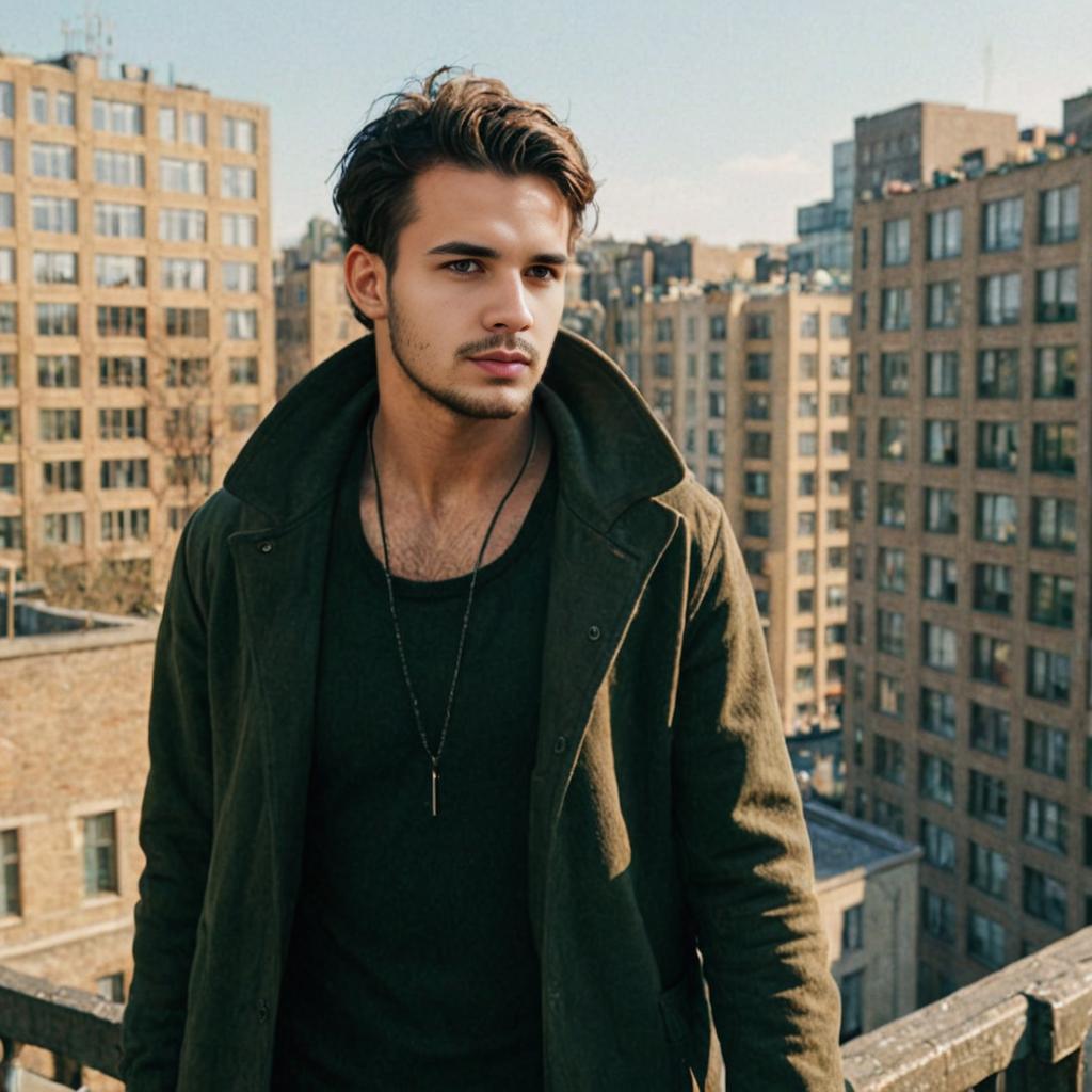 Stylish Young Man on Rooftop with Green Coat