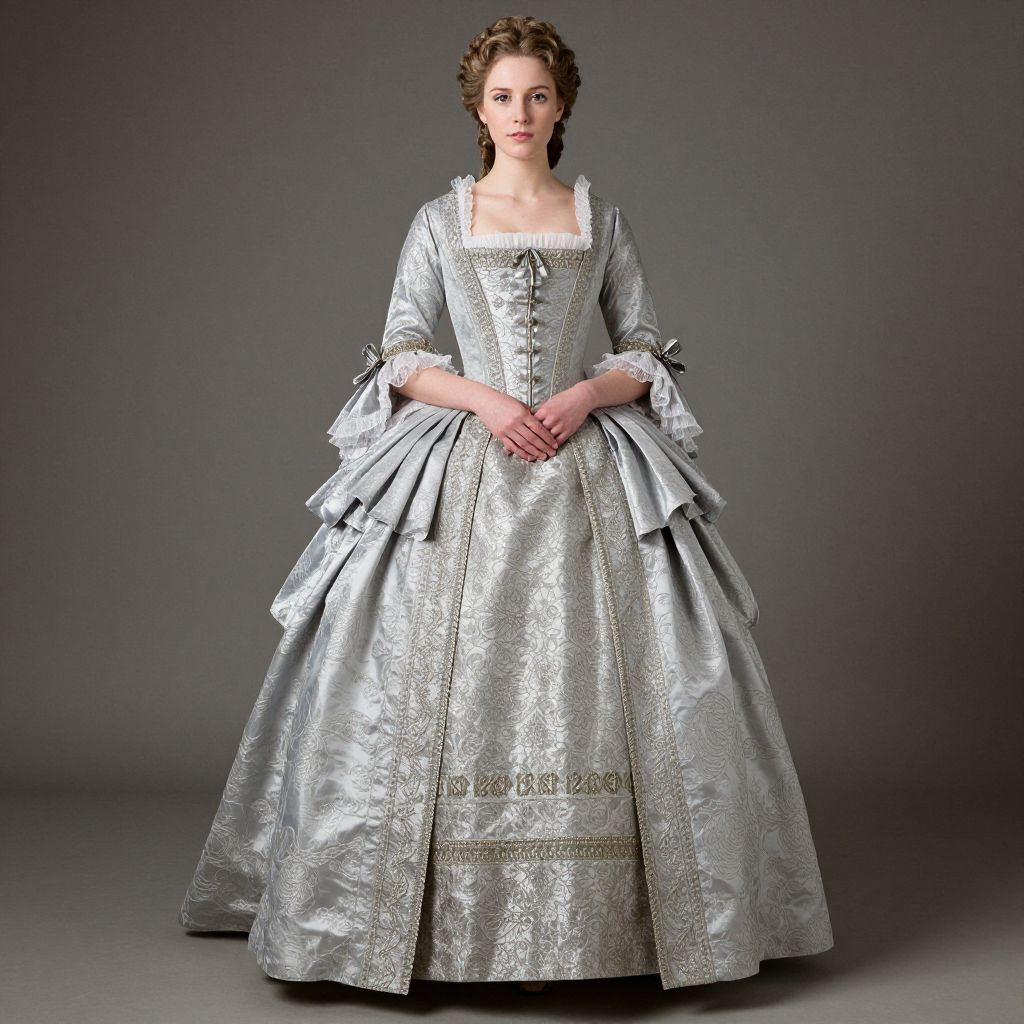 Woman in Silver Rococo-Style Historical Gown