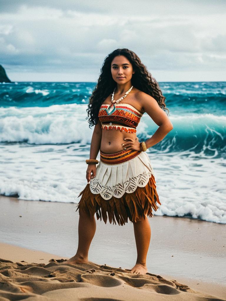 Confident Woman on Beach in Traditional Outfit