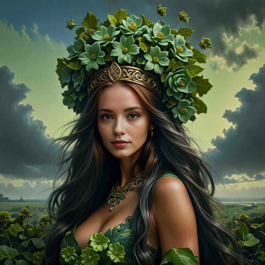 Woman with Leaf Crown in Dramatic Sky