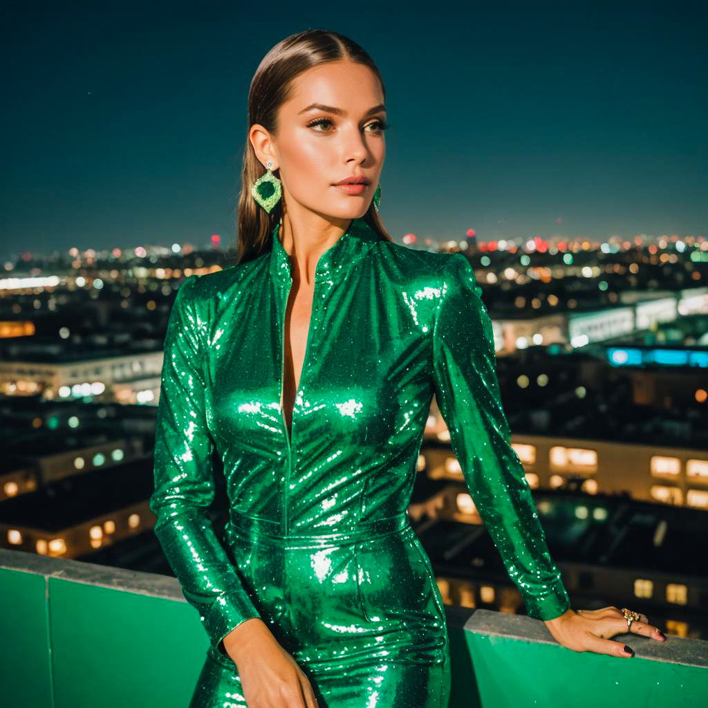 Woman in Shimmering Emerald Green Sequin Dress on Rooftop at Night
