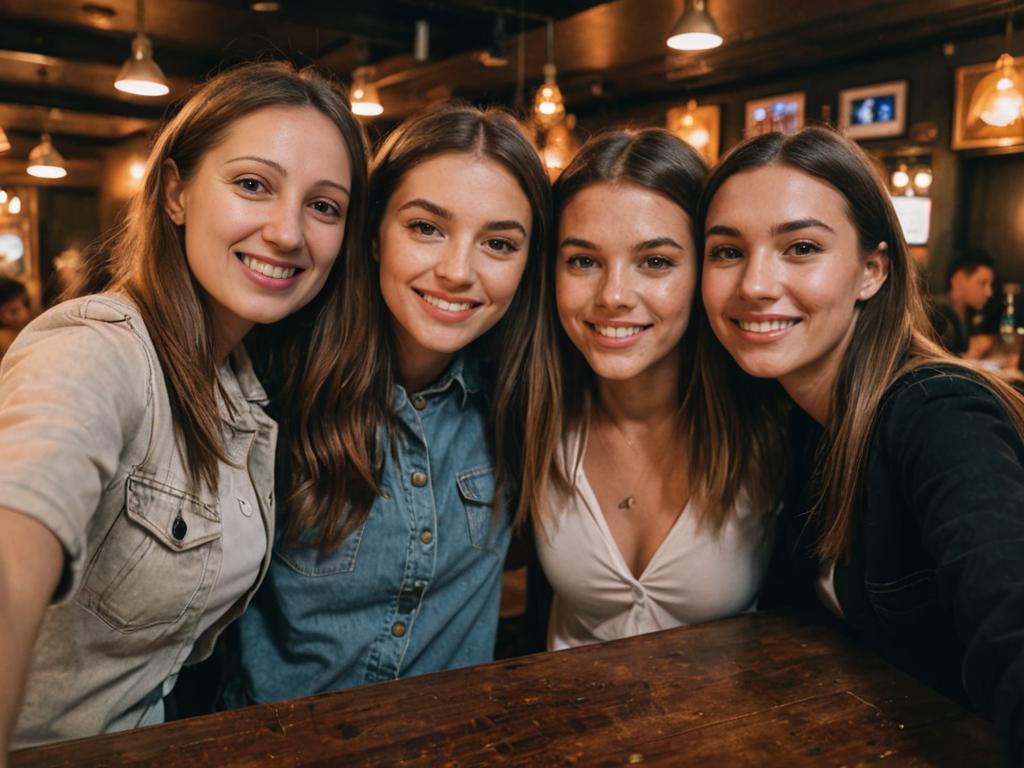 Cheerful women taking selfie in pub