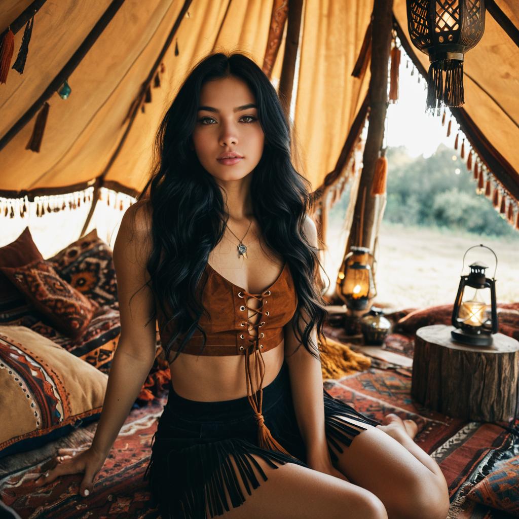 Bohemian Woman in Cozy Tent Wearing Lace-Up Crop Top and Fringed Skirt
