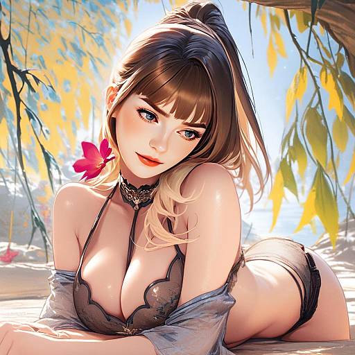 Anime Style Digital Art of Woman Relaxing on Beach in Black Lingerie