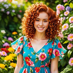Cheerful woman with red hair in blue dress among flowers