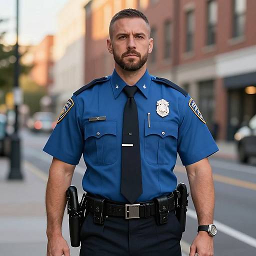 Serious Male Police Officer in Blue Uniform on City Street