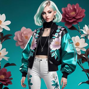 Stylish woman with mint green hair in floral bomber jacket