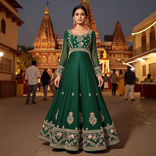 Woman in Embroidered Green Traditional Gown at Temple Evening