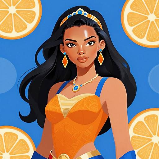 Confident Woman in Orange Corset with Citrus Background Digital Illustration
