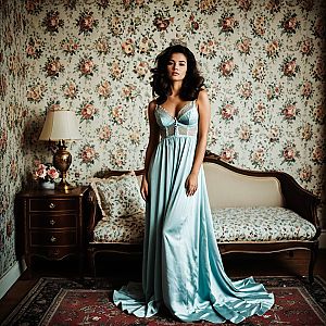 Elegant Woman in Blue Satin Gown in Vintage Room