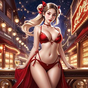 Beautiful Woman in Red Lingerie on Romantic Night Street - Digital Anime Art