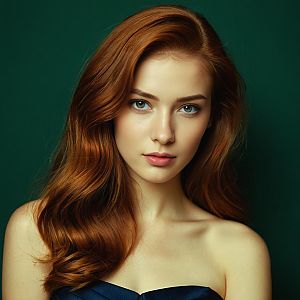 Portrait of Red-Haired Woman with Blue Eyes on Green Background