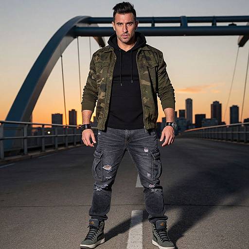 Man in Camouflage Jacket and Distressed Jeans on Urban Bridge at Sunset