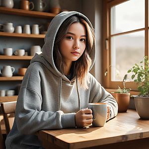 Young Woman in Gray Hoodie at Cozy Kitchen Table