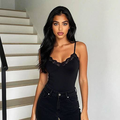 Stylish Woman in Black Lace Camisole and High-Waisted Jeans by Staircase