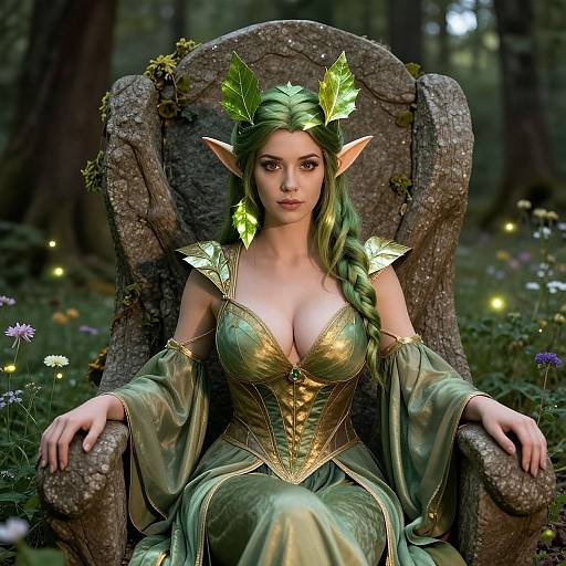Fantasy Elf Woman in Green and Gold Costume Sitting on Stone Throne in Forest