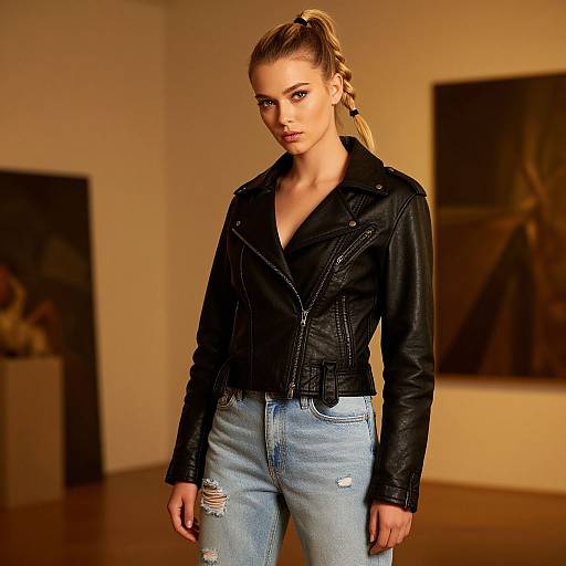 Stylish Woman in Black Leather Biker Jacket and Distressed Jeans