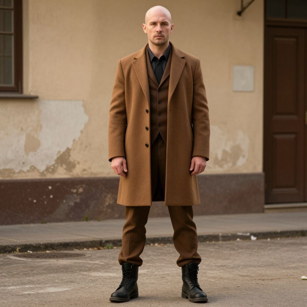 Stylish Bald Man in Brown Coat and Black Boots Standing Outdoors