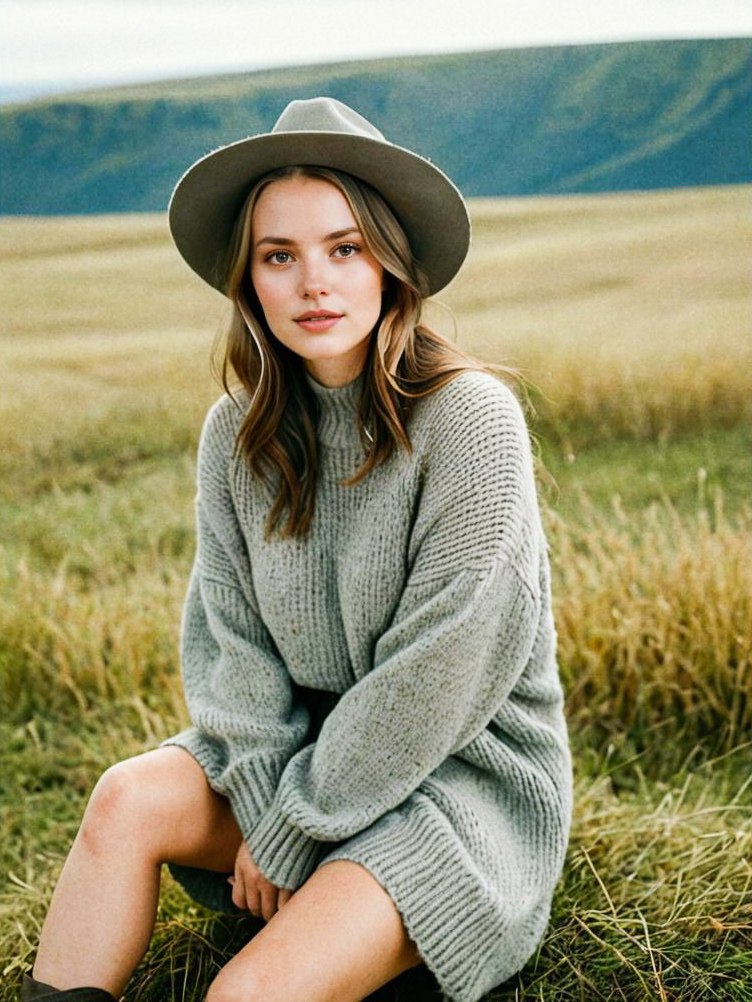 Young Woman in Cozy Sweater in Green Field