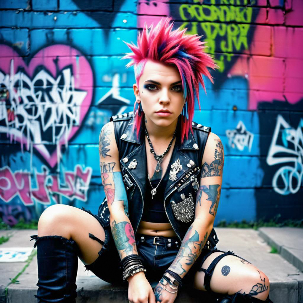 Edgy Model with Pink and Blue Hair in Graffiti Setting