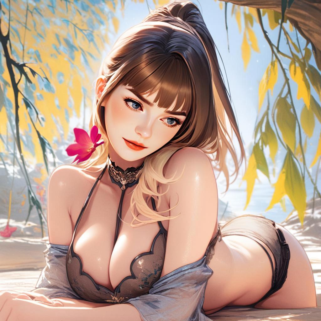 Anime Style Digital Art of Woman Relaxing on Beach in Black Lingerie