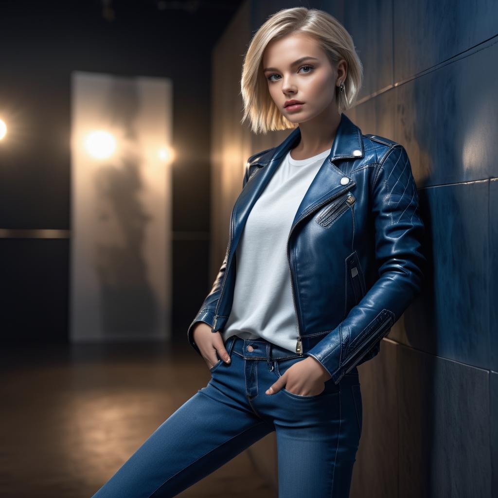 Confident Young Woman in Blue Leather Jacket