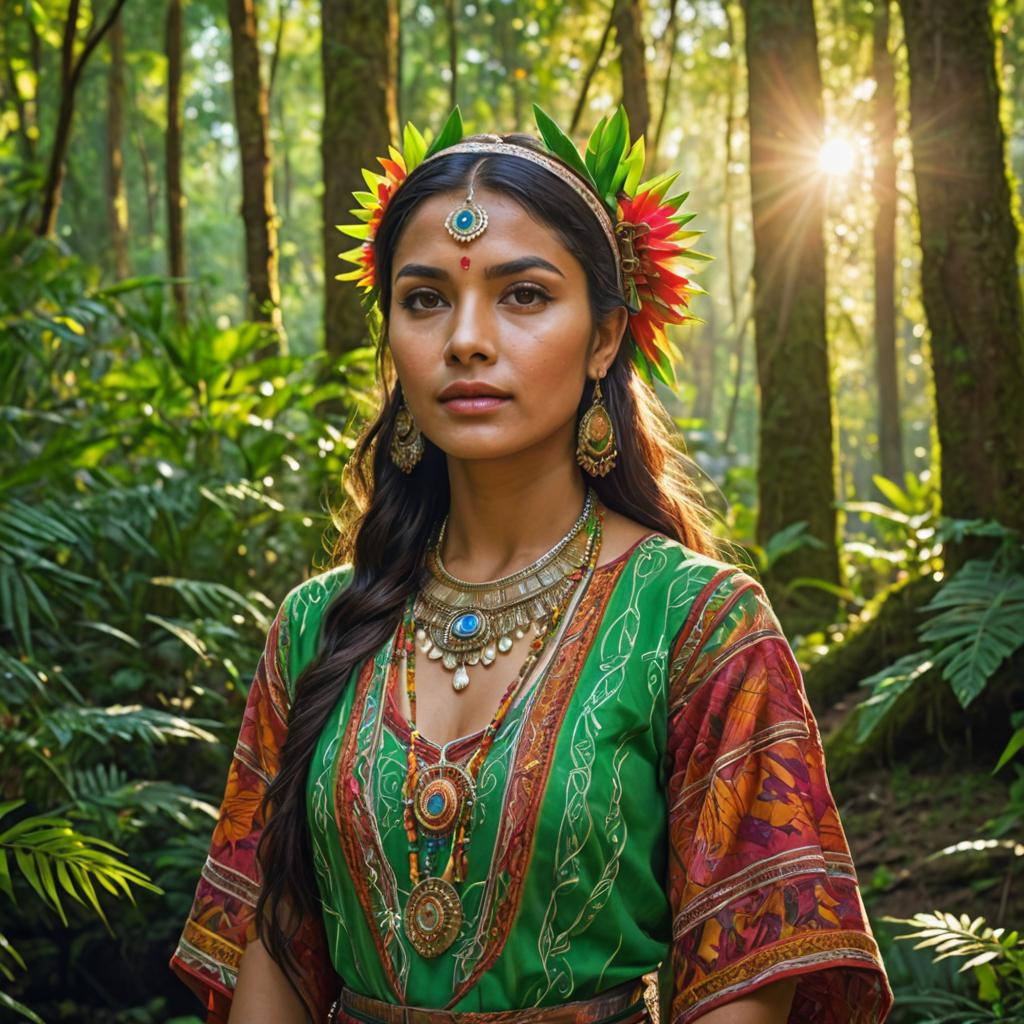 Indigenous Woman in Traditional Attire in Lush Forest