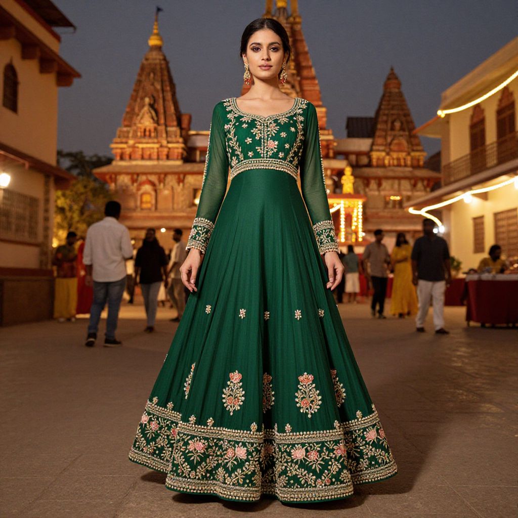 Woman in Embroidered Green Traditional Gown at Temple Evening