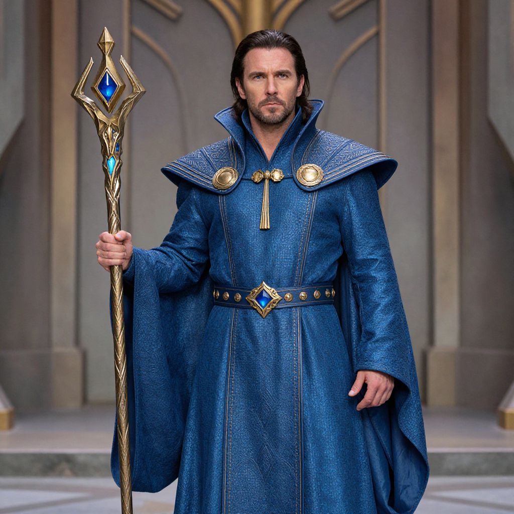 Man in Blue Fantasy Sorcerer Robe Holding Ornate Staff
